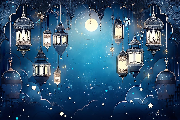 Un cartel de ramadán con luces y la luna al fondo.