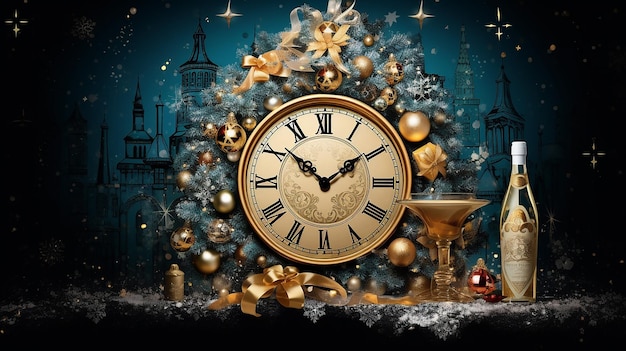 Cartel redondo de Navidad y año nuevo con Navidad con reloj sobre fondo oscuro