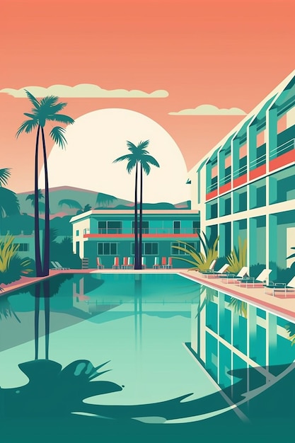 un cartel de un resort llamado piscina con palmeras y una escena de playa.