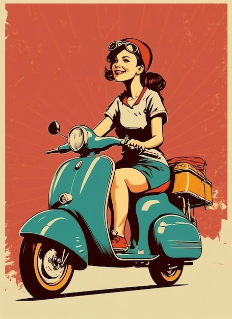 Foto cartel retro vintage mujer en un ciclomotor cartel publicitario 50s 60s venta de café cartel grunge