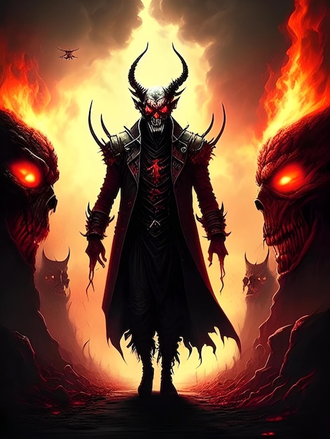 Un cartel del rey demonio muestra a un hombre con cuernos y una calavera roja en la cabeza.
