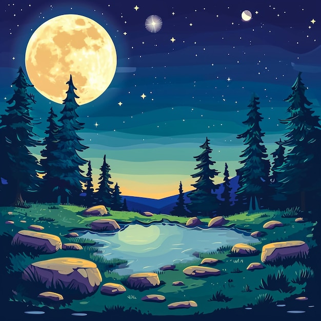 un cartel para un río con una luna llena y árboles
