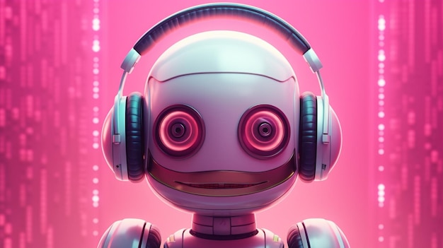 Un cartel para un robot con unos auriculares rosados