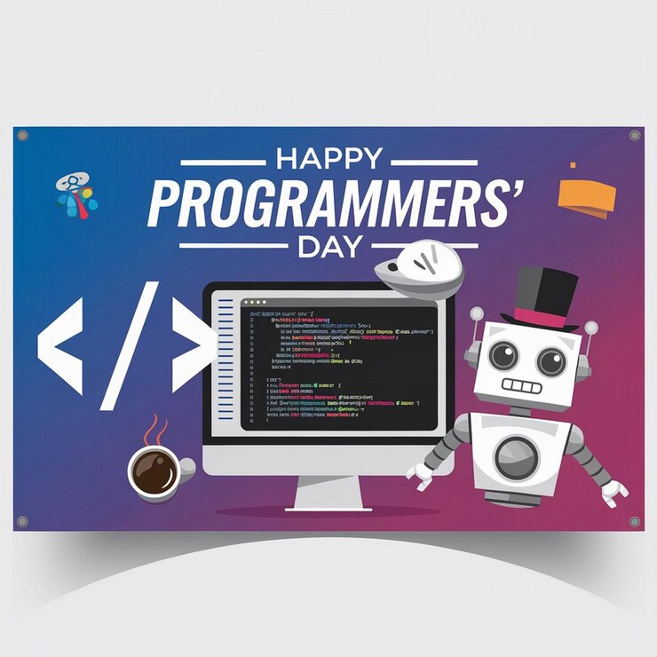 Foto un cartel con un robot en él que dice "programa feliz"