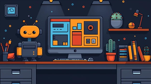 un cartel de un robot y tecnología de chatbot digital