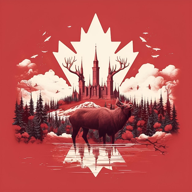 Un cartel rojo con un alce en medio de un lago y una bandera canadiense en la parte superior.