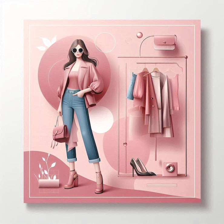 un cartel rosa con una mujer en la parte inferior y una bolsa de ropa
