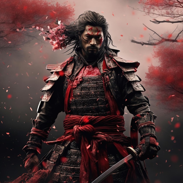 un cartel de un samurái con una espada en la mano