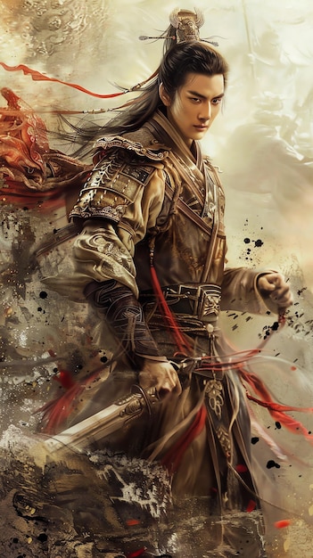 un cartel para un samurai con una espada en la mano
