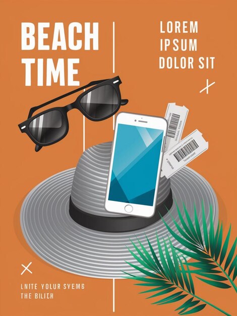 un cartel para el tiempo de playa muestra un teléfono y gafas de sol