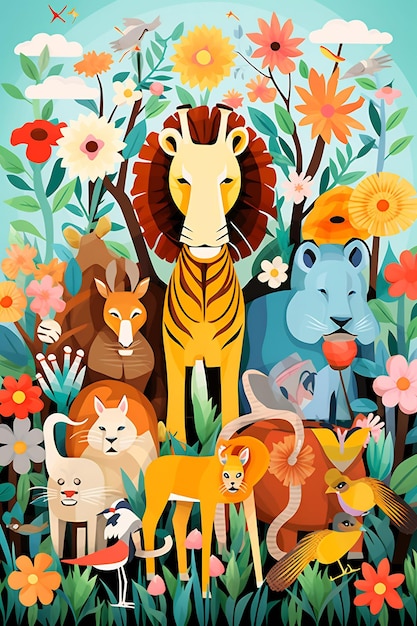 un cartel de un tigre y otros animales con una cabeza de león en la espalda