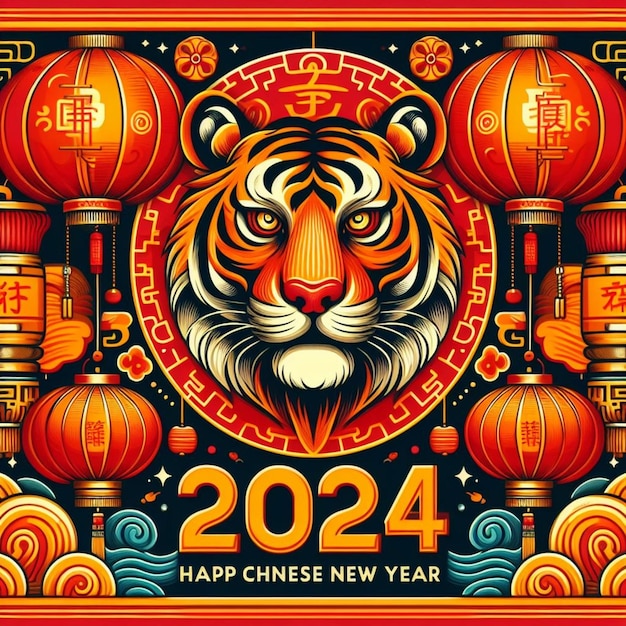 Foto un cartel con un tigre en él que dice feliz año nuevo