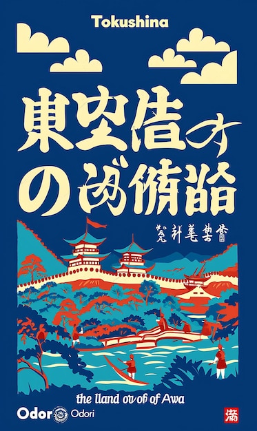 Foto cartel de tokushima texto y eslogan la tierra de awa odori con un diseño de diseño de ilustración de tierras