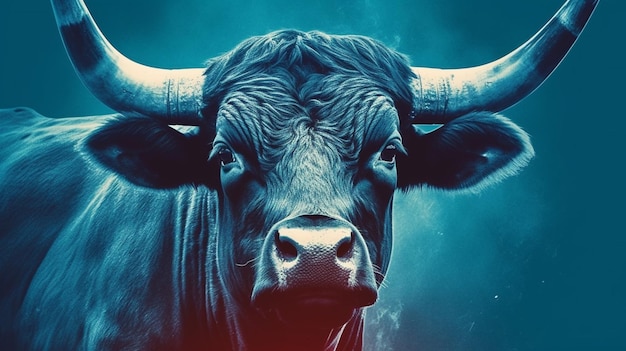 Un cartel de un toro con un fondo azul