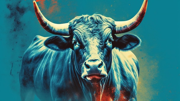 Un cartel de un toro con un fondo azul