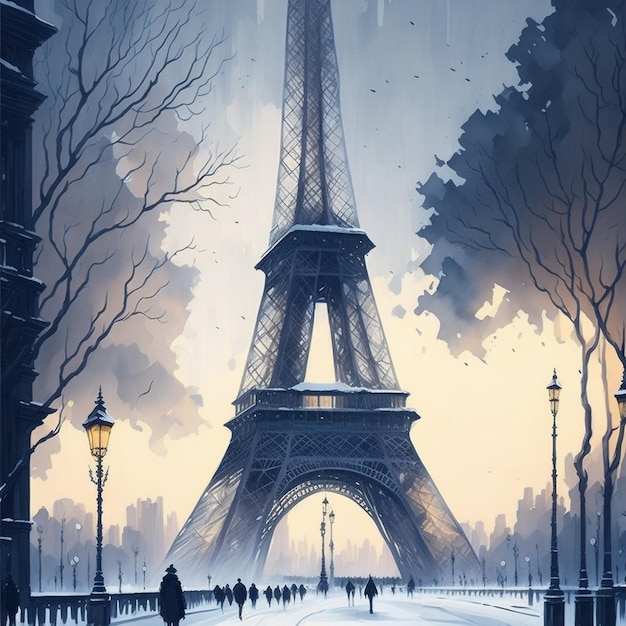 Un cartel para la Torre Eiffel en la nieve.