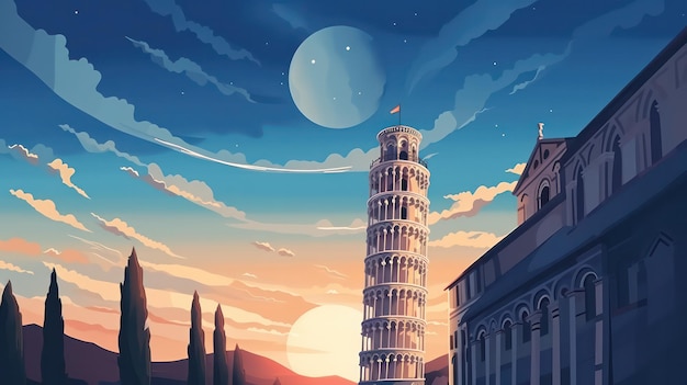 El cartel de la Torre de Pisa por la noche con vista al cielo azul