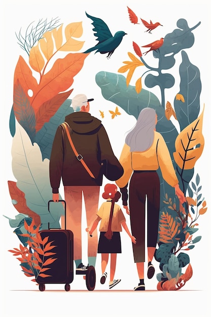 Un cartel de unas vacaciones en familia con una maleta y un niño a la izquierda.