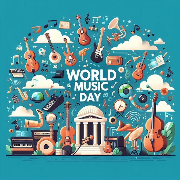 Foto un cartel vectorial del día mundial de la música con un fondo azul