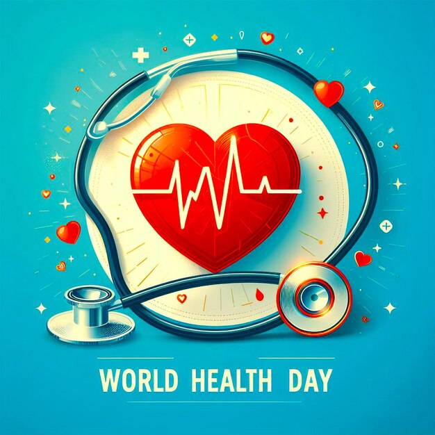 Foto cartel vectorial del día mundial de la salud con estetoscopio y icono de corazón rojo