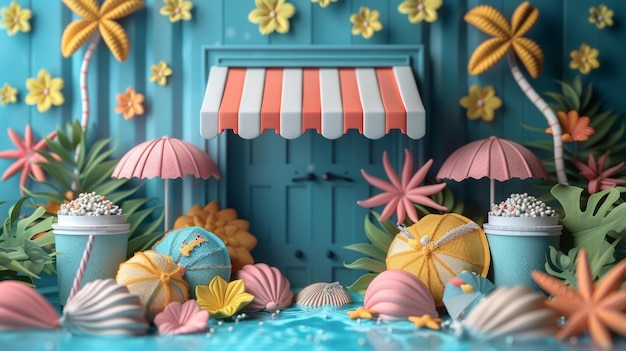 Cartel de venta de verano con colorido tema tropical con flores gafas de sol y conchas