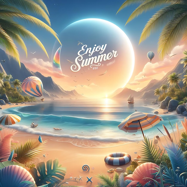 un cartel para el verano de verano se muestra con palmeras y una escena de la playa