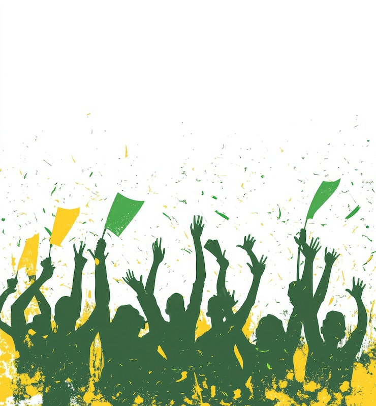 Foto un cartel verde y amarillo con personas agitando en el aire