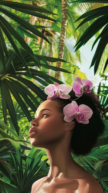 Foto cartel vertical con dibujo en acuarela de una mujer joven con orquídeas en el cabello mientras está de pie surro