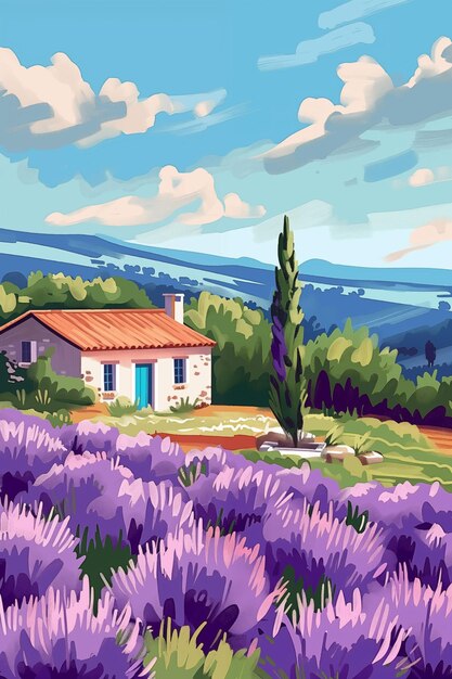 Cartel de viaje de la Provenza, Francia, con una pequeña cabaña de lavanda y una vista pintoresca