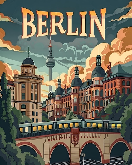 El cartel de viaje retro vectorial del horizonte de Berlín