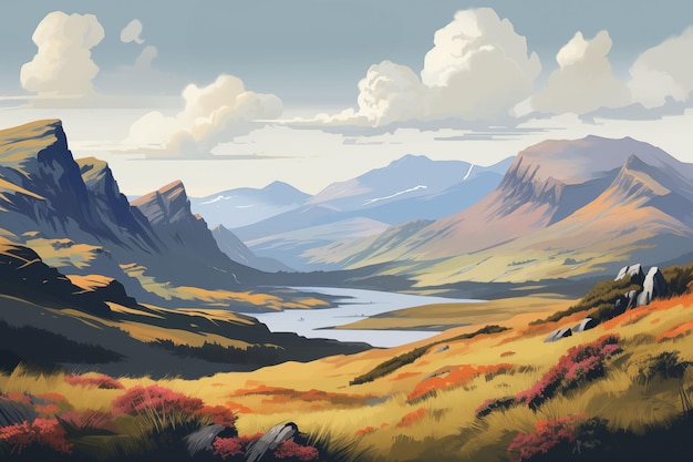 Cartel de viaje a las Tierras Altas de Escocia con una vista espectacular de las colinas, los lagos y los páramos