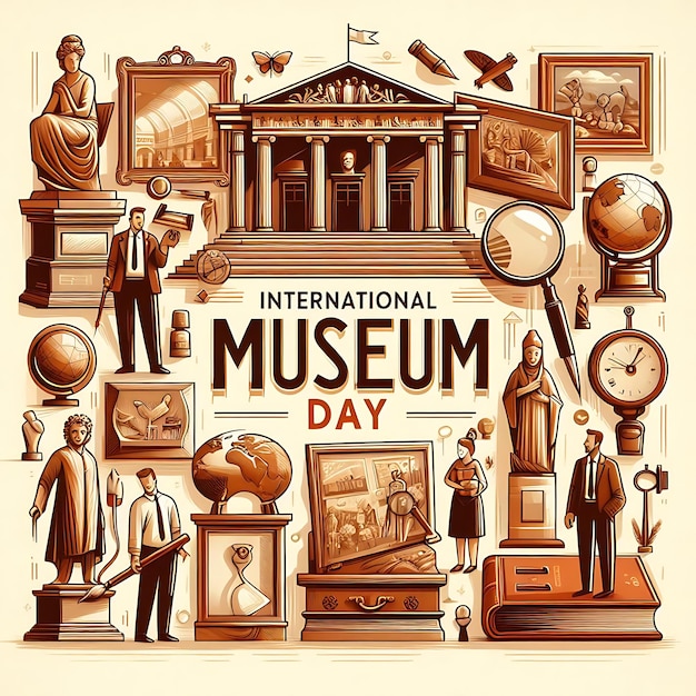 un cartel para viajes internacionales con una imagen de un museo