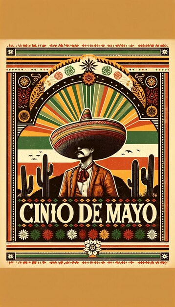 Un cartel vintage de la celebración del Cinco de Mayo, un hombre estilizado con sombrero.