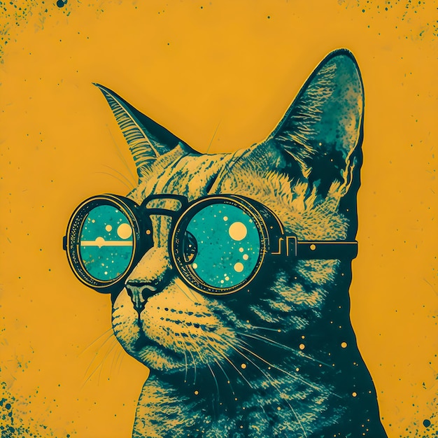 Cartel vintage Gato con gafas ilustración