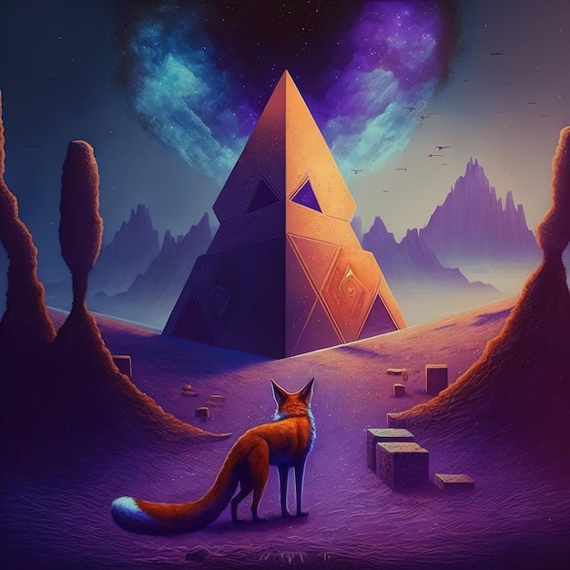 Foto un cartel para un zorro con una pirámide y un gato en el fondo
