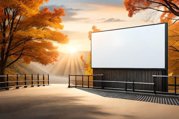 Cartelera al aire libre en blanco con amanecer en el fondo