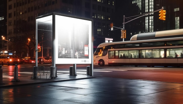 Foto cartelera blanca en blanco en la parada de autobús en el paisaje urbano de lluvia nocturna