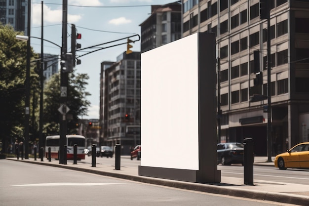 Foto cartelera blanca vertical en blanco en la parada de autobús en la calle de la ciudad en los edificios de fondo generados por ia