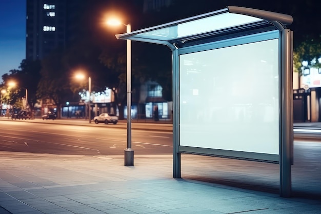 Cartelera de la estación de autobuses con pantalla de espacio en blanco para su mensaje publicitario en la escena urbana de la ciudad