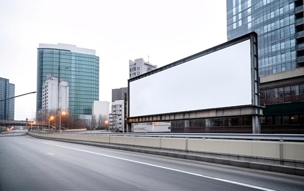 Cartelera con pantalla digital simulada en blanco en ciudad moderna generada por IA