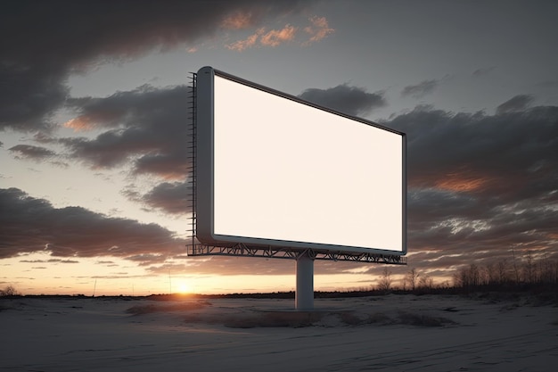 Cartelera de poste al aire libre con pantalla blanca simulada sobre fondo de cielo increíble IA generativa