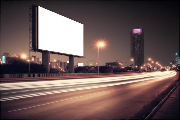 Cartelera publicitaria en blanco en una carretera cuadrada al aire libre a gran escala por la noche