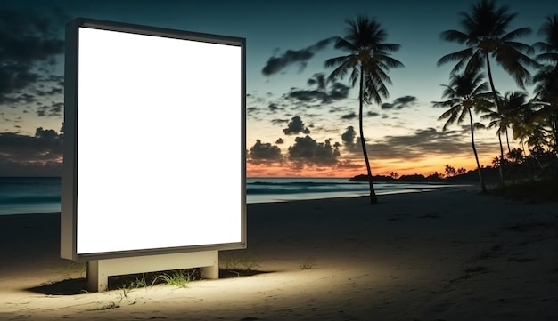 Cartelera publicitaria en blanco en el paisaje de la playa tropical durante la puesta de sol AI generativa