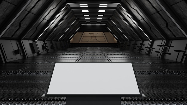 Cartelera simulada en blanco o soporte de piso de pantalla LCD en nave espacial o estación espacial interior Sci Fi túnel 3D renderizado