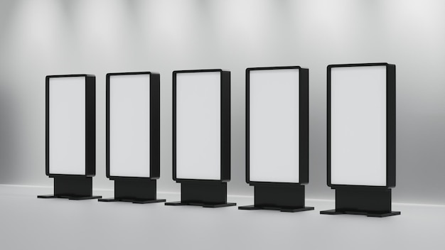 Cartelera vertical simulada en blanco o soporte de suelo con pantalla LCD Representación 3D
