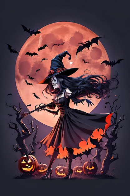 carteles de halloween Una bruja malvada y aterradora con una escoba voladora Personaje de Halloween