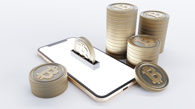 Cartera Bitcoin en un concepto de minería de teléfonos inteligentes Perspectiva Ilustración sobre monedas criptográficas
