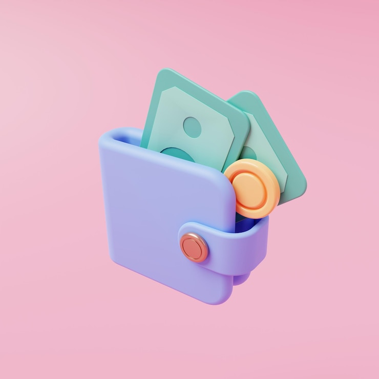 Cartera con dinero Ilustración en 3D Renderización en 3D