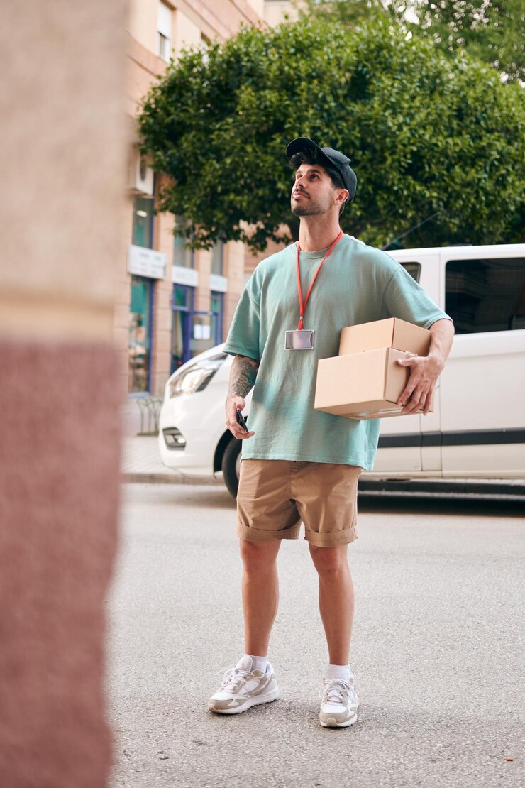 Un cartero sostiene cajas durante una entrega con una furgoneta al fondo.