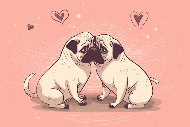 Foto carto de dia dos namorados bonito com desenhos animados de cães pug beijando personagens generativos ai